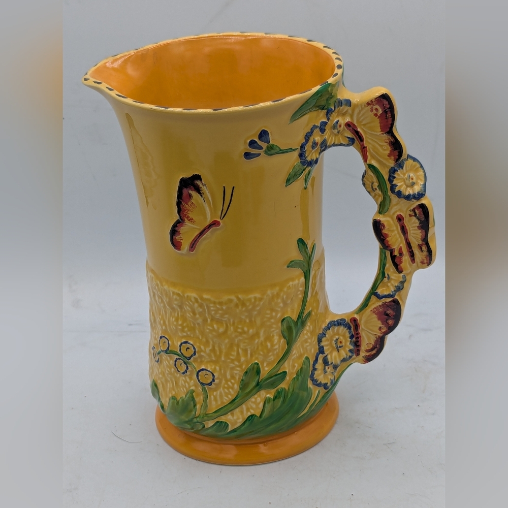 Vtg Burleigh Ware Butterfly Handle Pitcher 8.5" Yellow Art Deco Floral Jug Mint